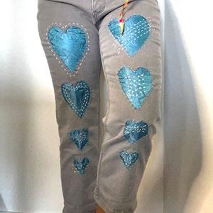 Upcycled Grey Jeans/recycled jeans/embellished jeans/reworked jeans